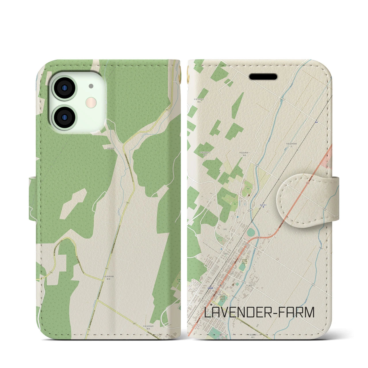 【ラベンダー畑】地図柄iPhoneケース（手帳両面タイプ・ナチュラル）iPhone 12 mini 用