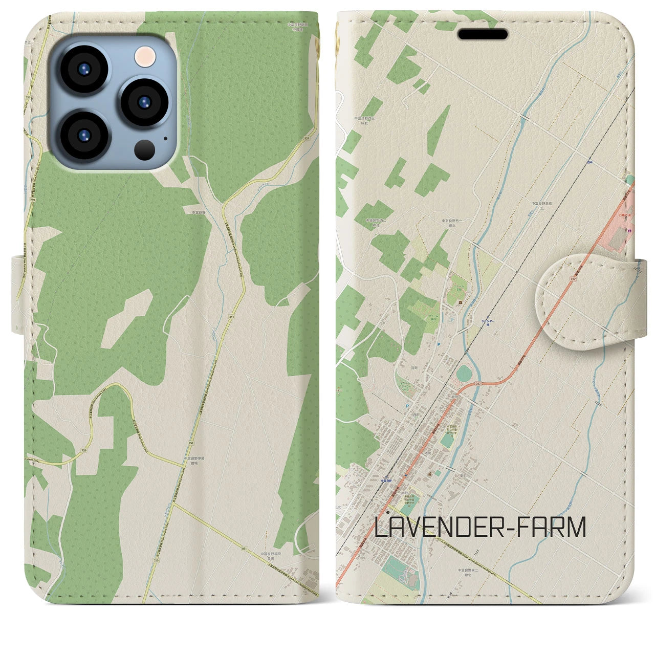 【ラベンダー畑】地図柄iPhoneケース（手帳両面タイプ・ナチュラル）iPhone 13 Pro Max 用