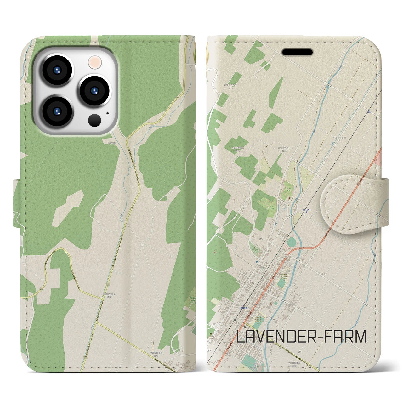 【ラベンダー畑】地図柄iPhoneケース（手帳両面タイプ・ナチュラル）iPhone 13 Pro 用