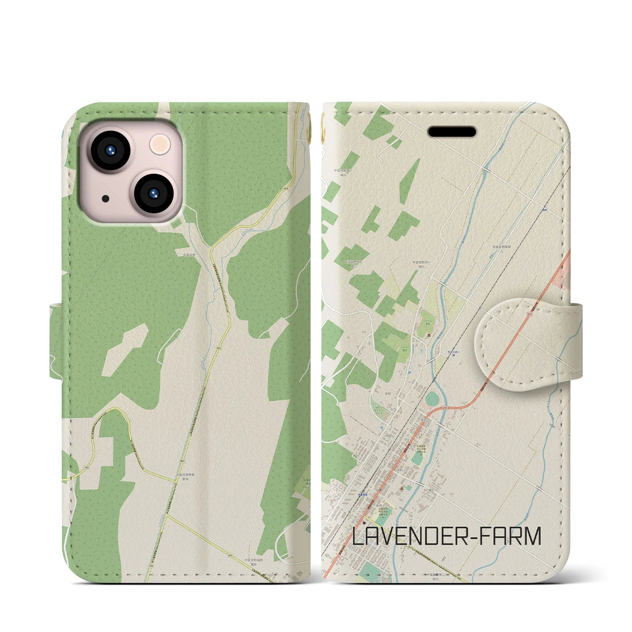 【ラベンダー畑】地図柄iPhoneケース（手帳両面タイプ・ナチュラル）iPhone 13 mini 用