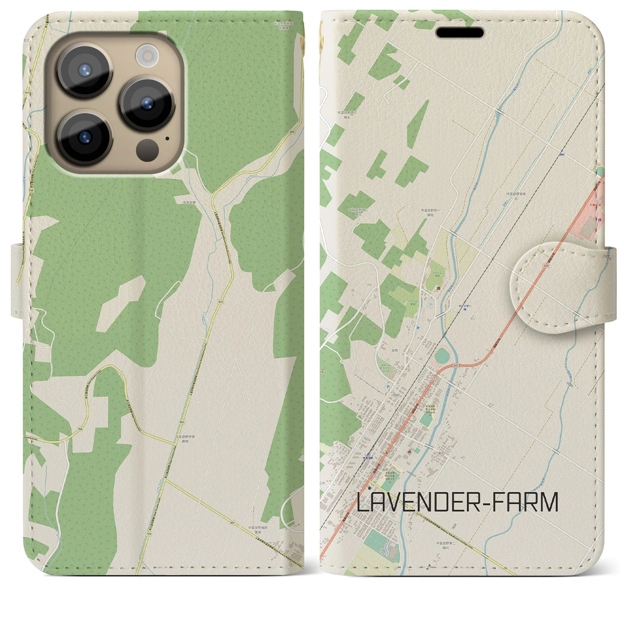 【ラベンダー畑】地図柄iPhoneケース（手帳両面タイプ・ナチュラル）iPhone 14 Pro Max 用