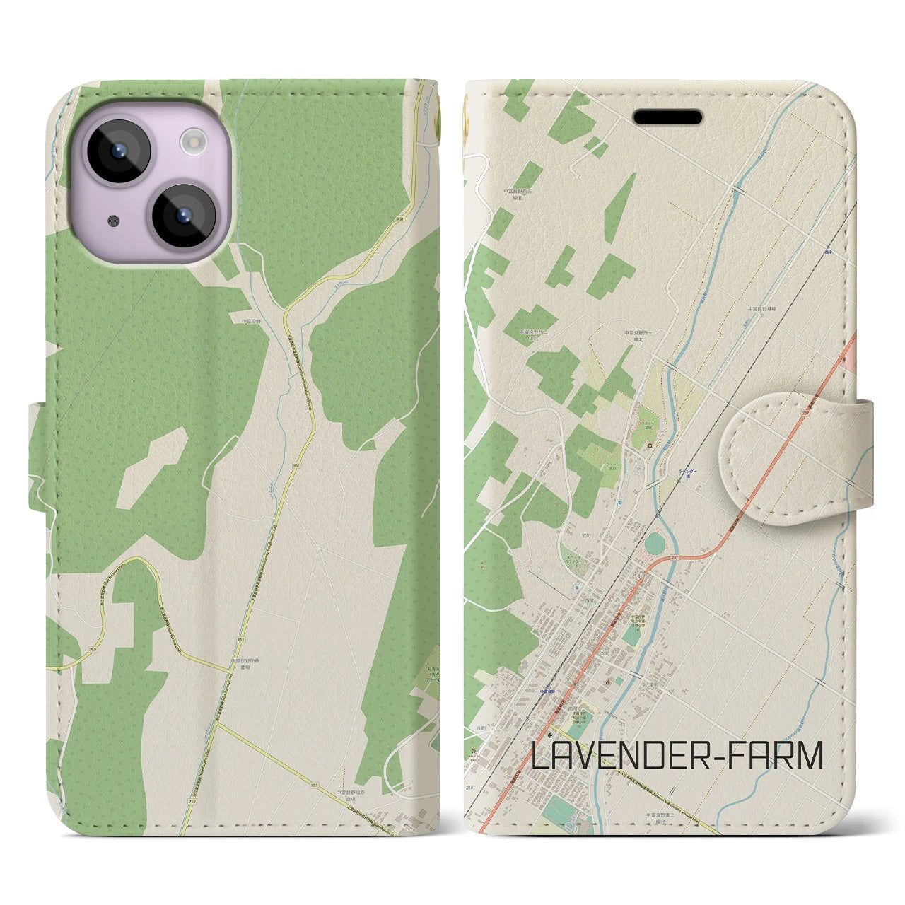 【ラベンダー畑】地図柄iPhoneケース（手帳両面タイプ・ナチュラル）iPhone 14 用