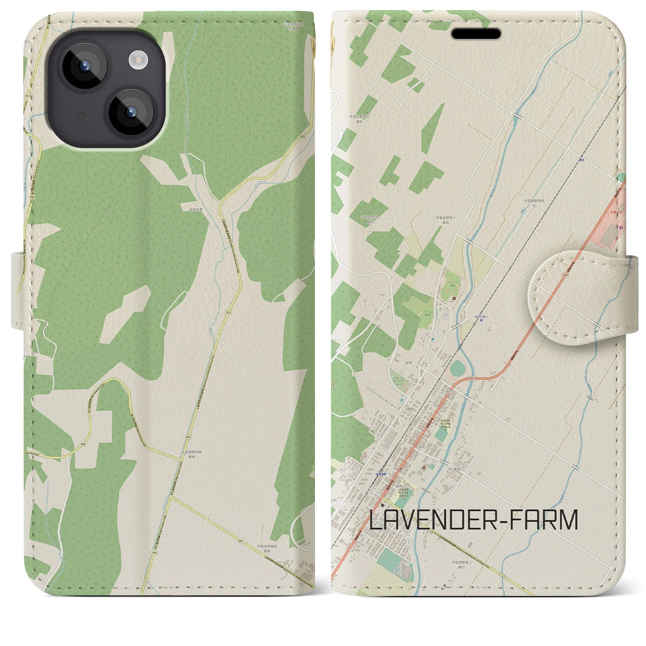 【ラベンダー畑】地図柄iPhoneケース（手帳両面タイプ・ナチュラル）iPhone 14 Plus 用