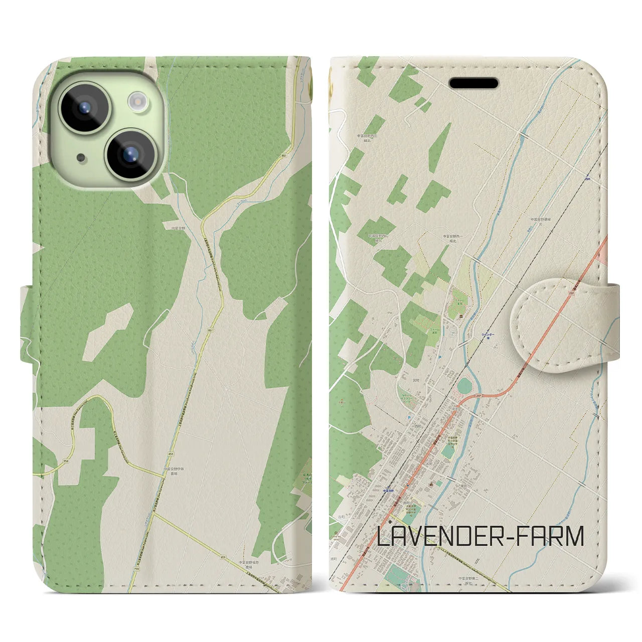 【ラベンダー畑】地図柄iPhoneケース（手帳両面タイプ・ナチュラル）iPhone 15 用