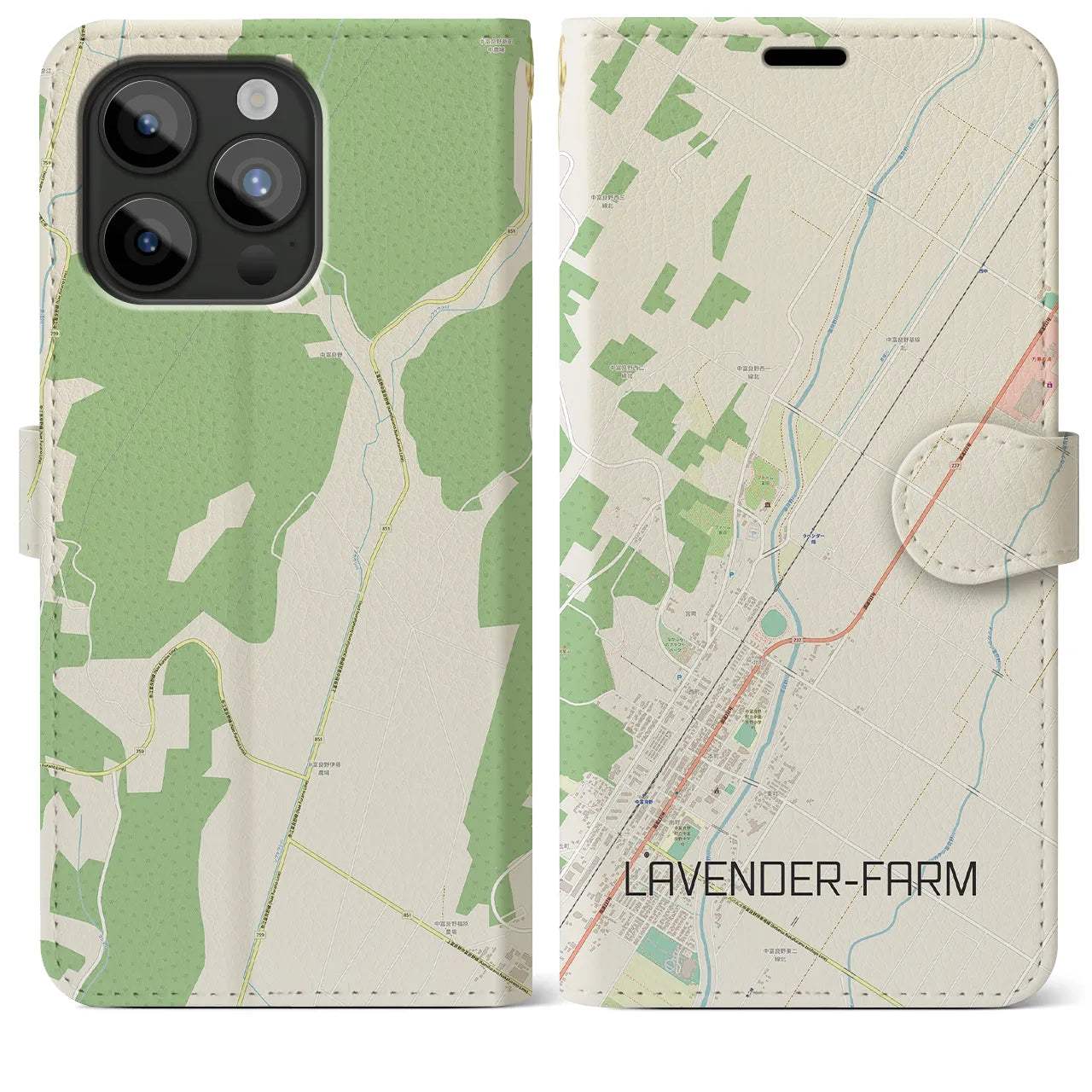 【ラベンダー畑】地図柄iPhoneケース（手帳両面タイプ・ナチュラル）iPhone 15 Pro Max 用