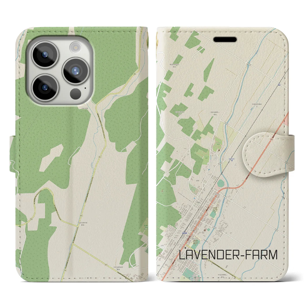 【ラベンダー畑】地図柄iPhoneケース（手帳両面タイプ・ナチュラル）iPhone 15 Pro 用