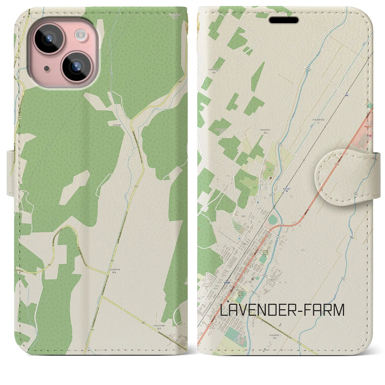 【ラベンダー畑】地図柄iPhoneケース（手帳両面タイプ・ナチュラル）iPhone 15 Plus 用