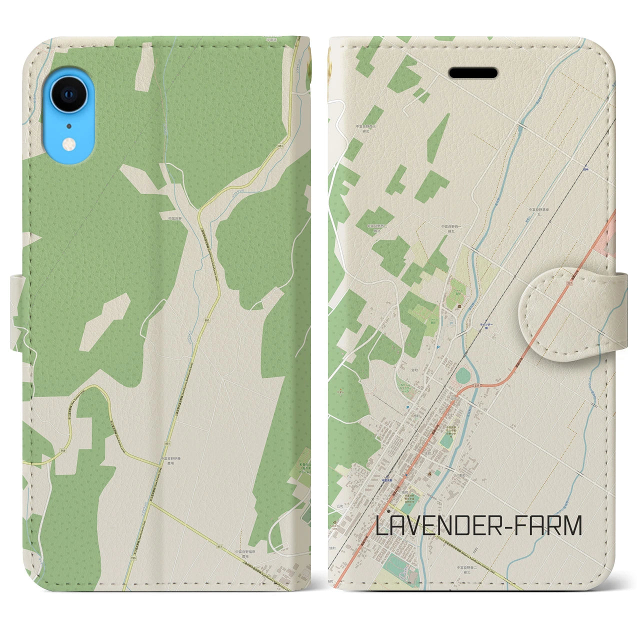 【ラベンダー畑】地図柄iPhoneケース（手帳両面タイプ・ナチュラル）iPhone XR 用