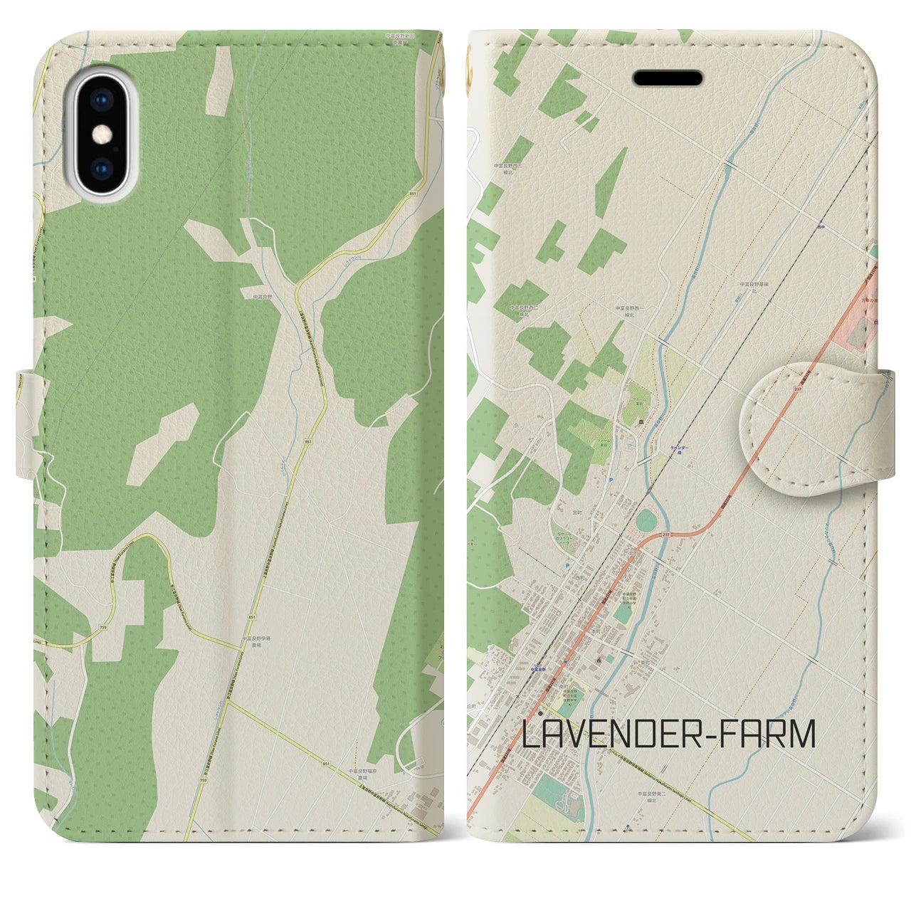 【ラベンダー畑】地図柄iPhoneケース（手帳両面タイプ・ナチュラル）iPhone XS Max 用