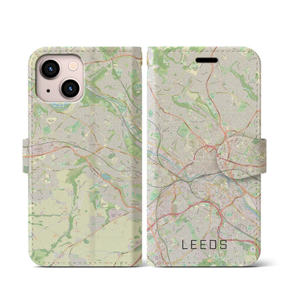 【リーズ（イギリス）】地図柄iPhoneケース（手帳タイプ）ナチュラル・iPhone 13 mini 用