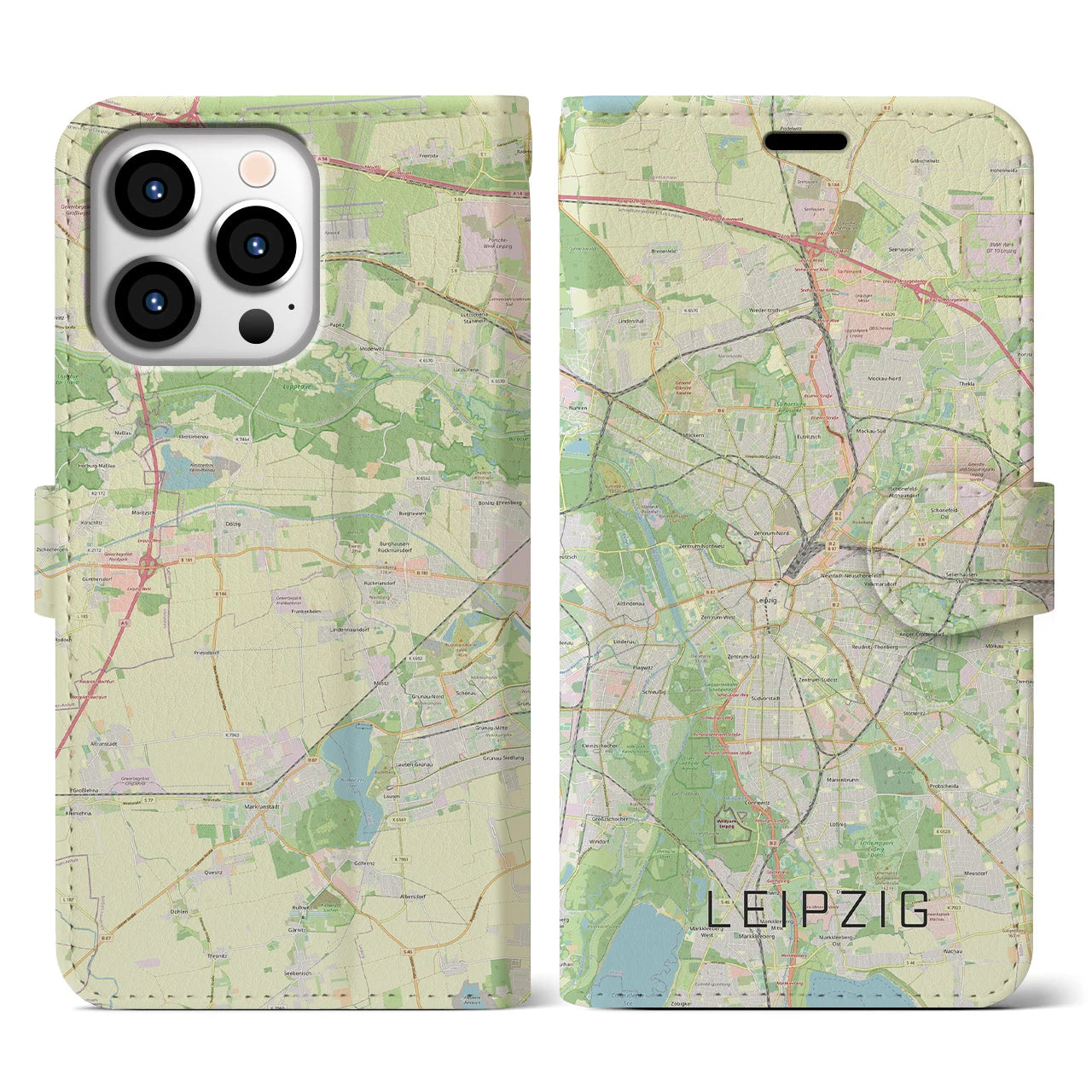 【ライプツィヒ】地図柄iPhoneケース（手帳両面タイプ・ナチュラル）iPhone 13 Pro 用