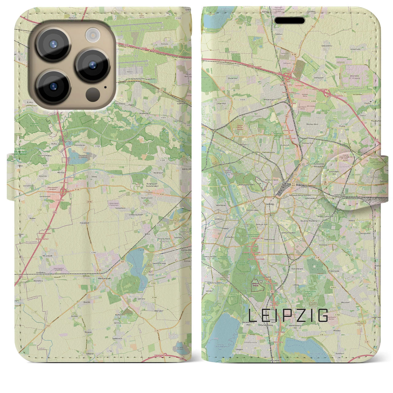 【ライプツィヒ】地図柄iPhoneケース（手帳両面タイプ・ナチュラル）iPhone 14 Pro Max 用