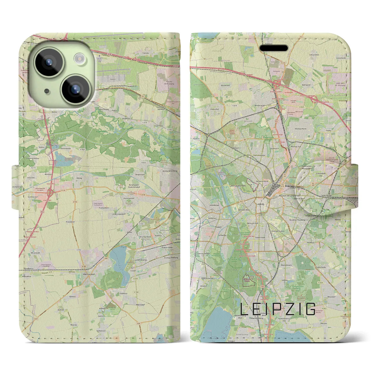 【ライプツィヒ】地図柄iPhoneケース（手帳両面タイプ・ナチュラル）iPhone 15 用