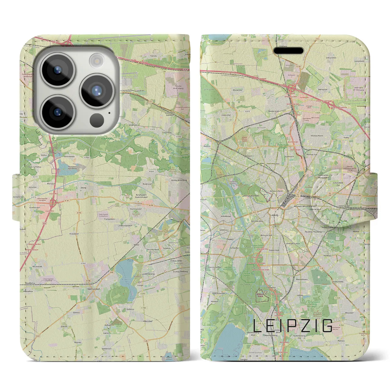 【ライプツィヒ】地図柄iPhoneケース（手帳両面タイプ・ナチュラル）iPhone 15 Pro 用