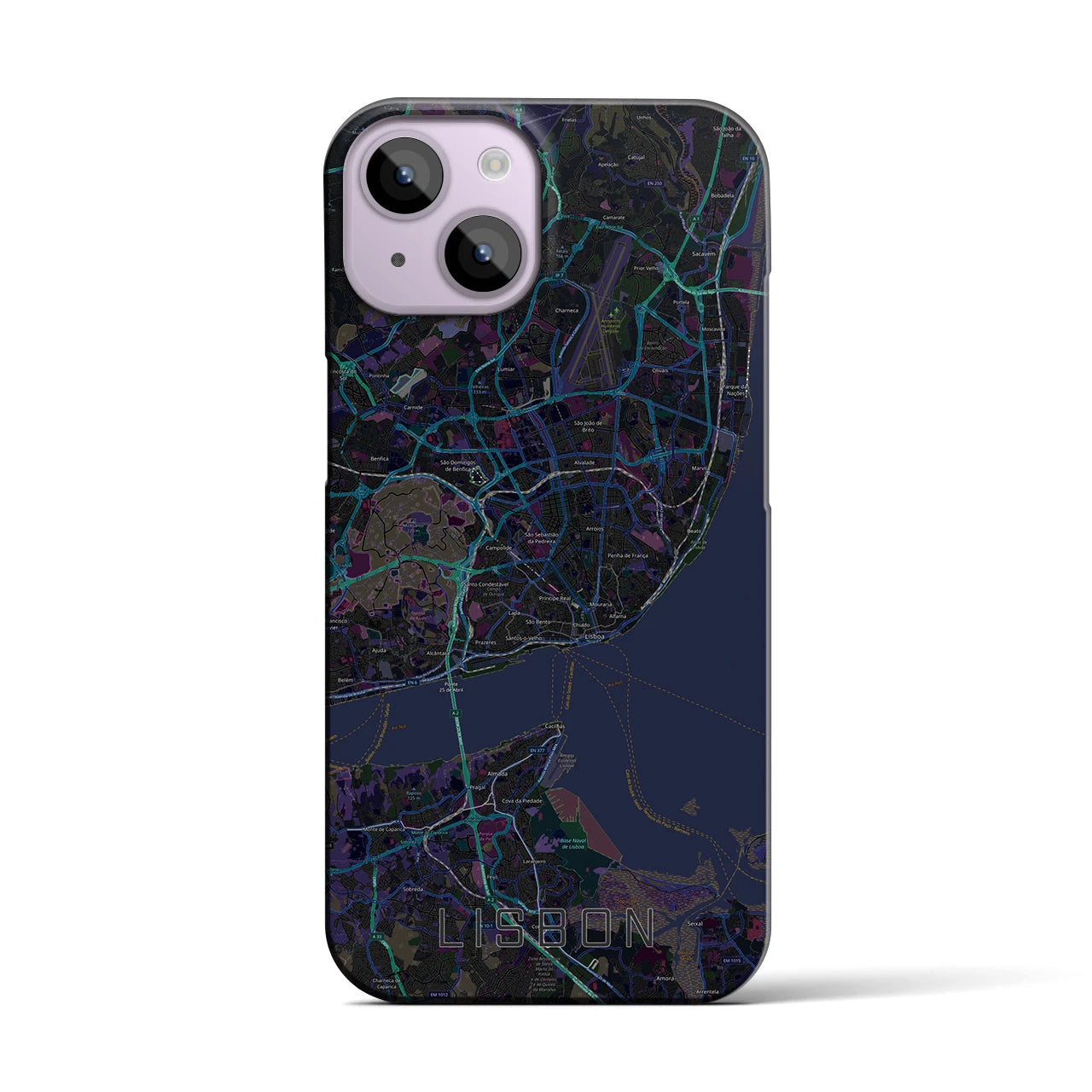 【リスボン】地図柄iPhoneケース（バックカバータイプ・ブラック）iPhone 14 用