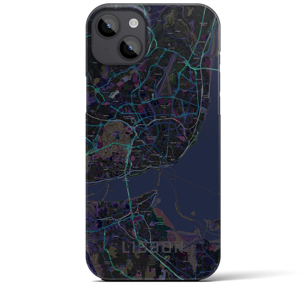【リスボン】地図柄iPhoneケース（バックカバータイプ・ブラック）iPhone 14 Plus 用