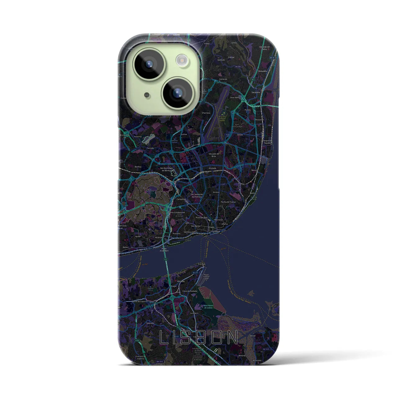 【リスボン】地図柄iPhoneケース（バックカバータイプ・ブラック）iPhone 15 用