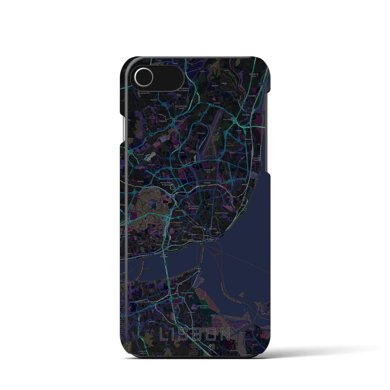 【リスボン】地図柄iPhoneケース（バックカバータイプ・ブラック）iPhone SE（第3 / 第2世代） / 8 / 7 / 6s / 6 用