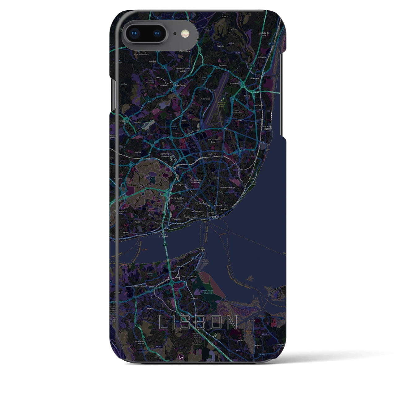 【リスボン】地図柄iPhoneケース（バックカバータイプ・ブラック）iPhone 8Plus /7Plus / 6sPlus / 6Plus 用