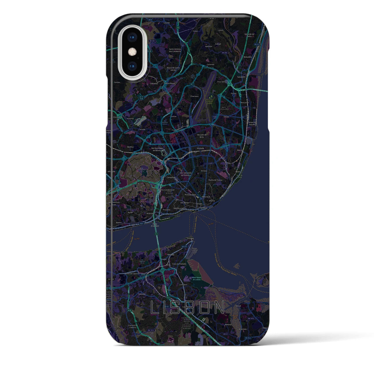 【リスボン】地図柄iPhoneケース（バックカバータイプ・ブラック）iPhone XS Max 用