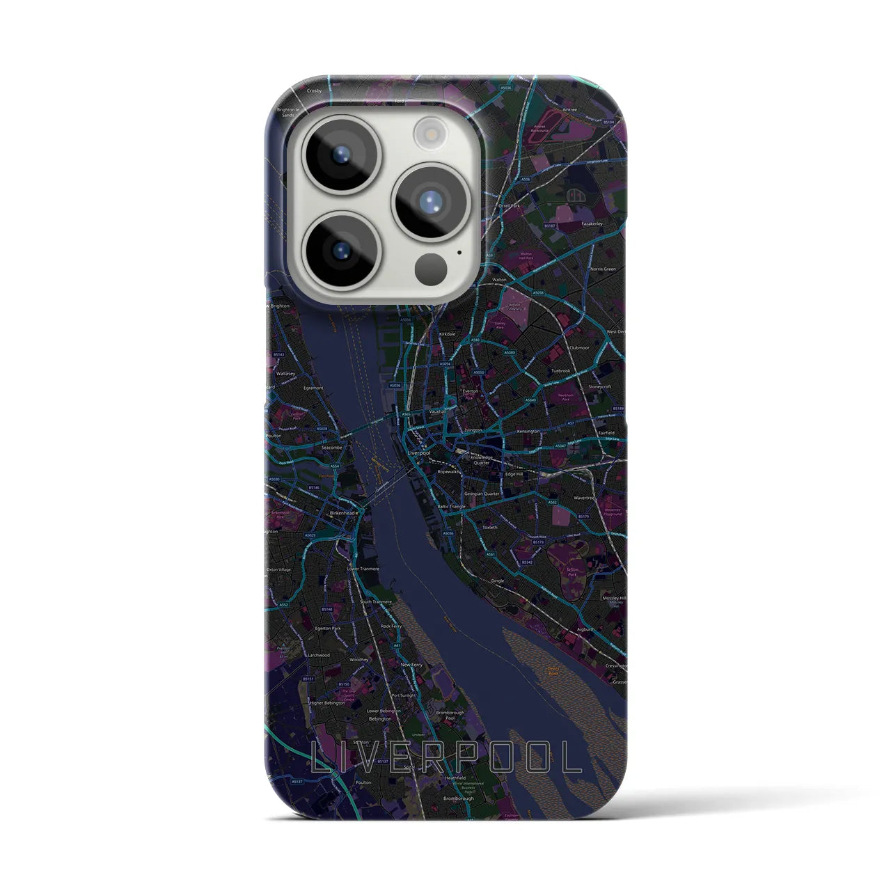 【リヴァプール】地図柄iPhoneケース（バックカバータイプ・ブラック）iPhone 15 Pro 用
