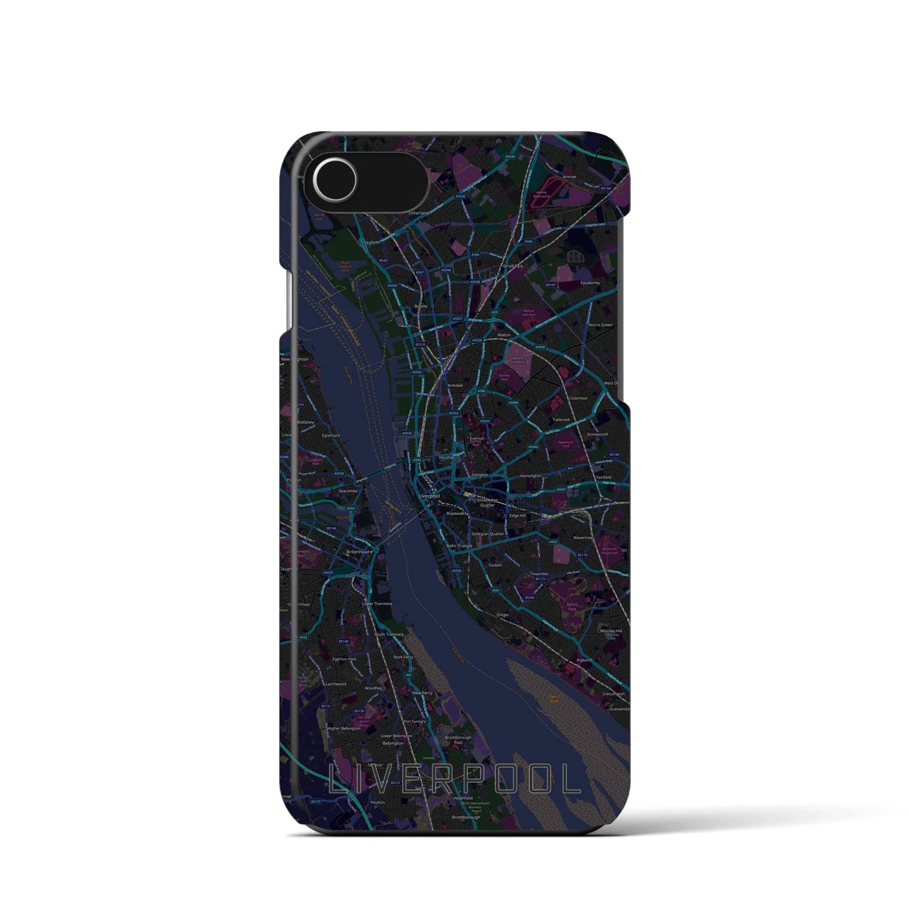 【リヴァプール】地図柄iPhoneケース（バックカバータイプ・ブラック）iPhone SE（第3 / 第2世代） / 8 / 7 / 6s / 6 用