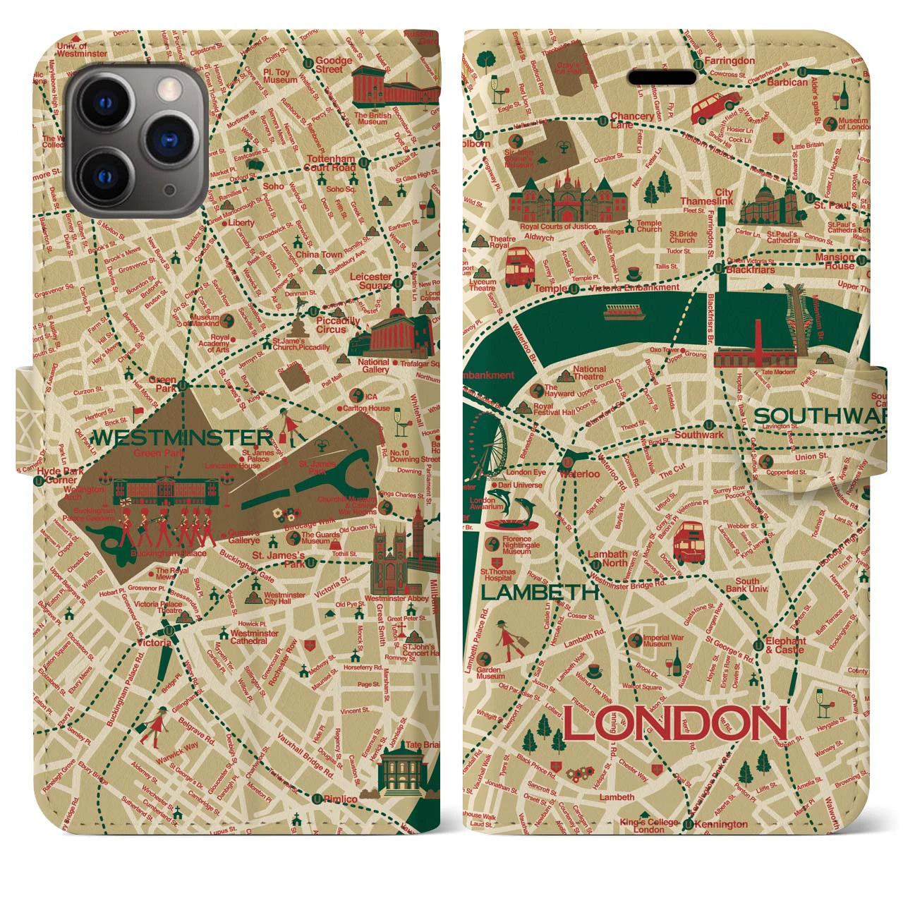 【ロンドン（イラスト）】地図柄iPhoneケース（手帳両面タイプ・ブライト）iPhone 11 Pro Max 用
