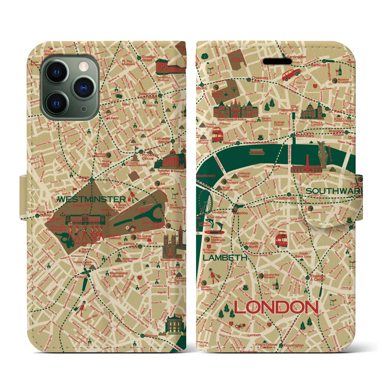 【ロンドン（イラスト）】地図柄iPhoneケース（手帳両面タイプ・ブライト）iPhone 11 Pro 用