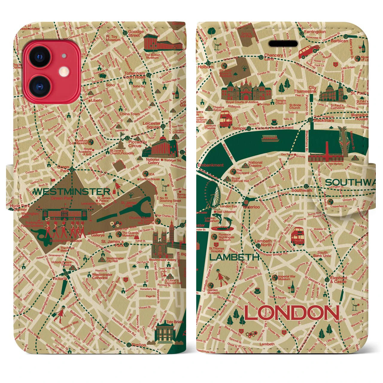 【ロンドン（イラスト）】地図柄iPhoneケース（手帳両面タイプ・ブライト）iPhone 11 用