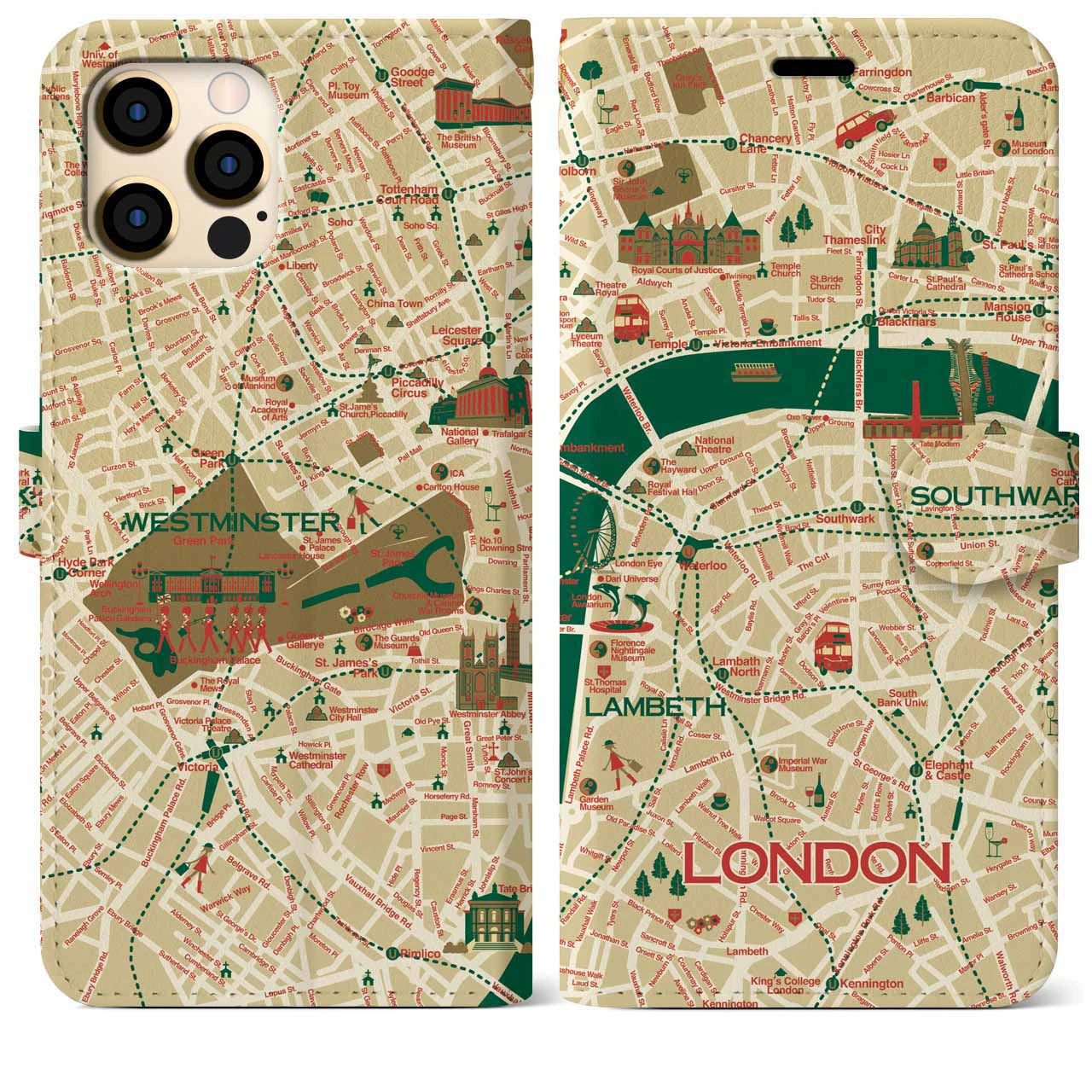 【ロンドン（イラスト）】地図柄iPhoneケース（手帳両面タイプ・ブライト）iPhone 12 Pro Max 用