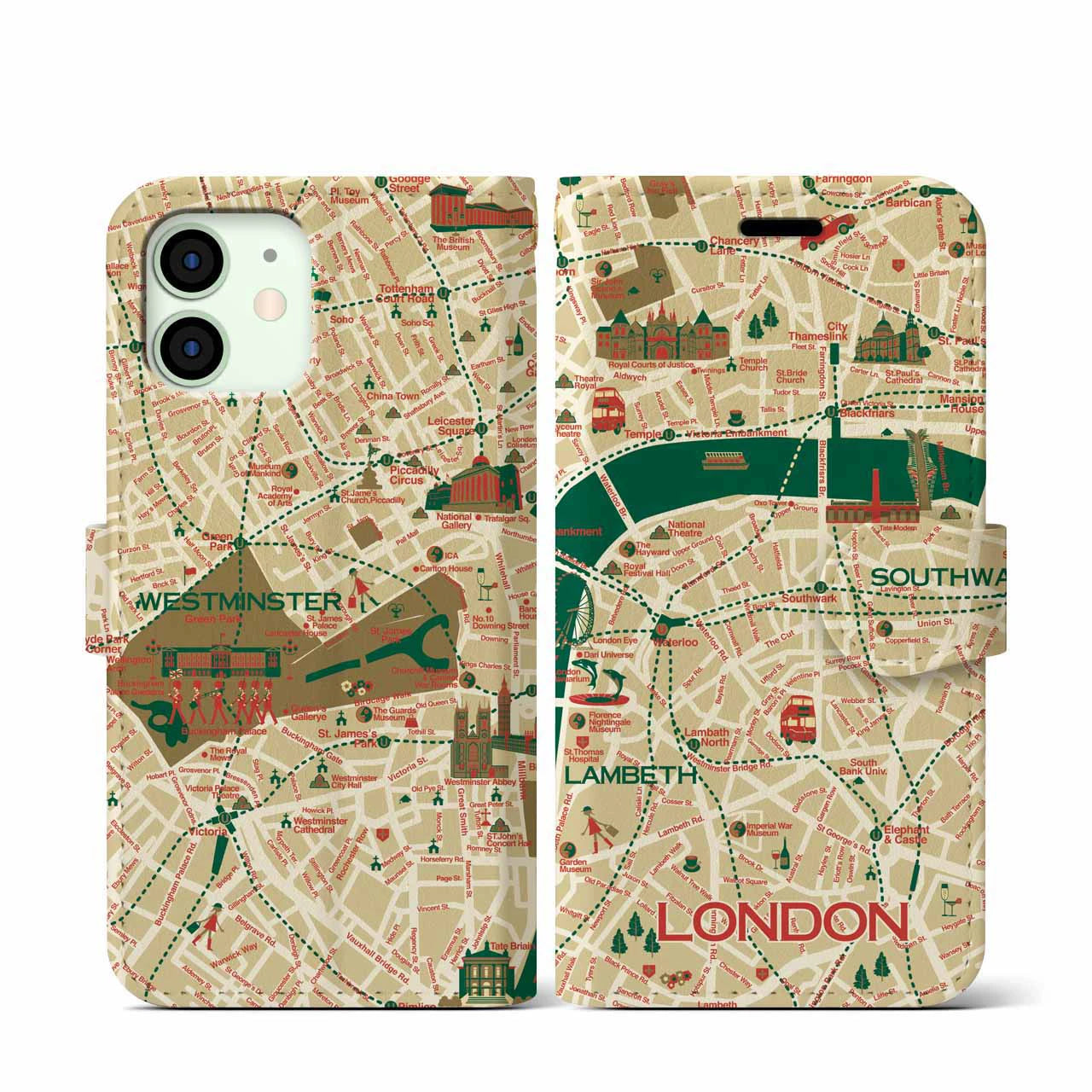 【ロンドン（イラスト）】地図柄iPhoneケース（手帳両面タイプ・ブライト）iPhone 12 mini 用