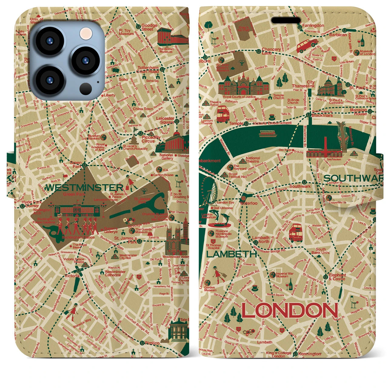 【ロンドン（イラスト）】地図柄iPhoneケース（手帳両面タイプ・ブライト）iPhone 13 Pro Max 用