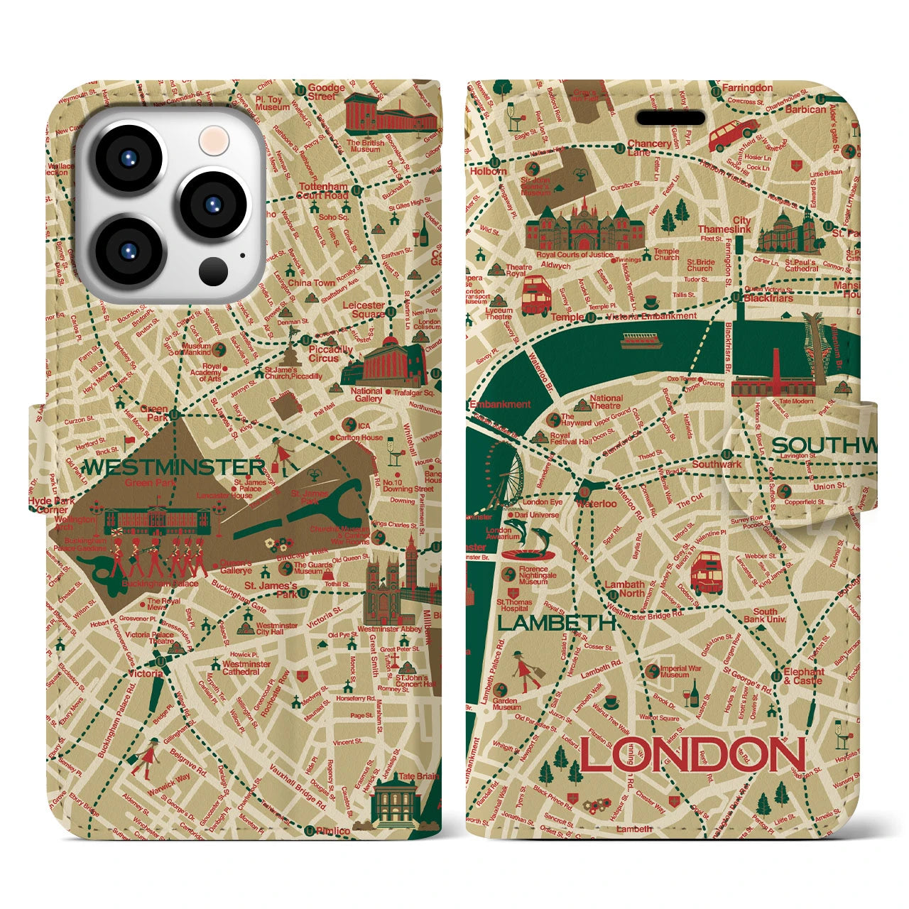 【ロンドン（イラスト）】地図柄iPhoneケース（手帳両面タイプ・ブライト）iPhone 13 Pro 用