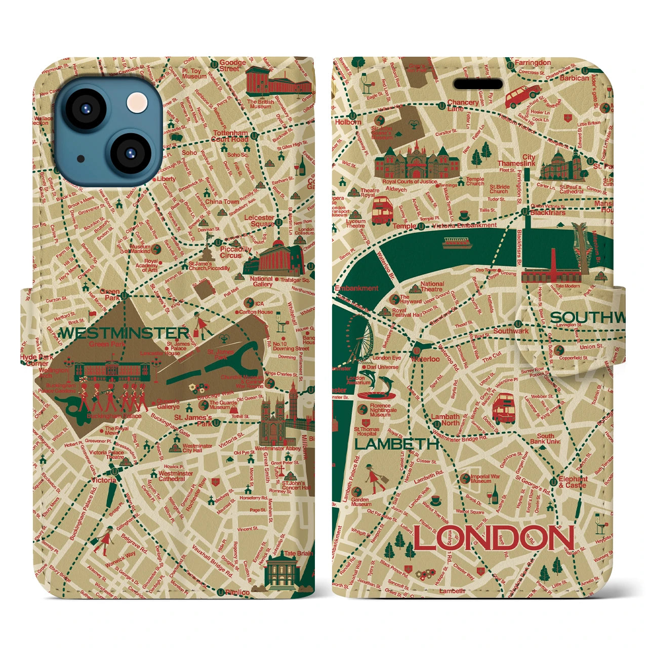 【ロンドン（イラスト）】地図柄iPhoneケース（手帳両面タイプ・ブライト）iPhone 13 用