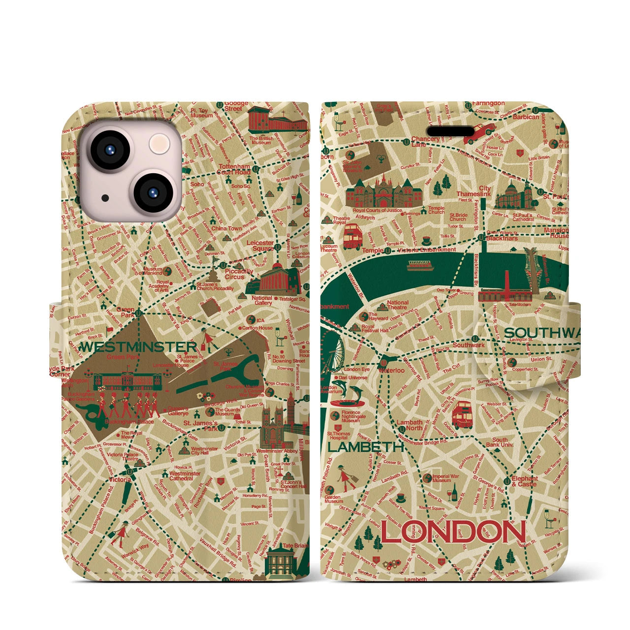 【ロンドン（イラスト）】地図柄iPhoneケース（手帳両面タイプ・ブライト）iPhone 13 mini 用