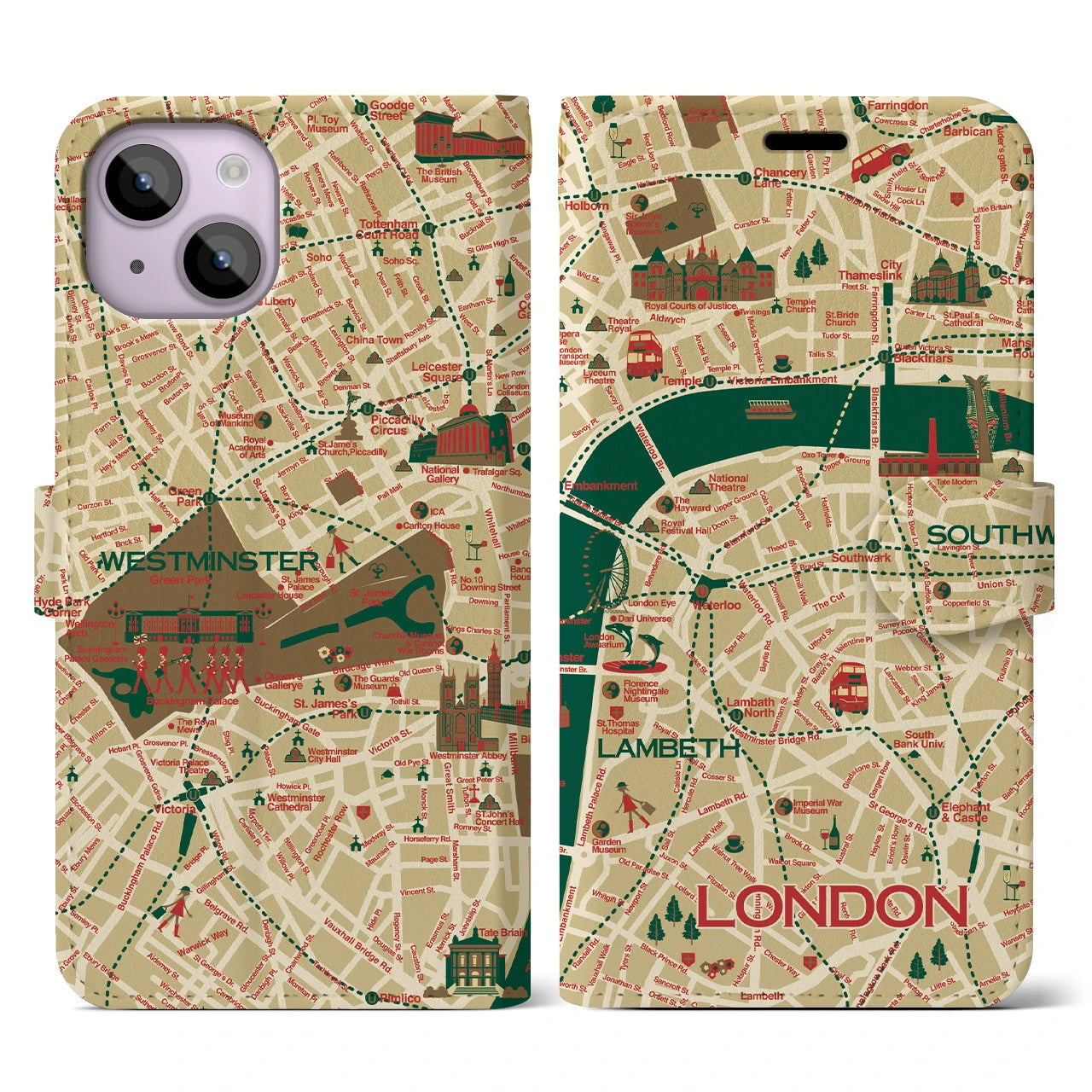 【ロンドン（イラスト）】地図柄iPhoneケース（手帳両面タイプ・ブライト）iPhone 14 用