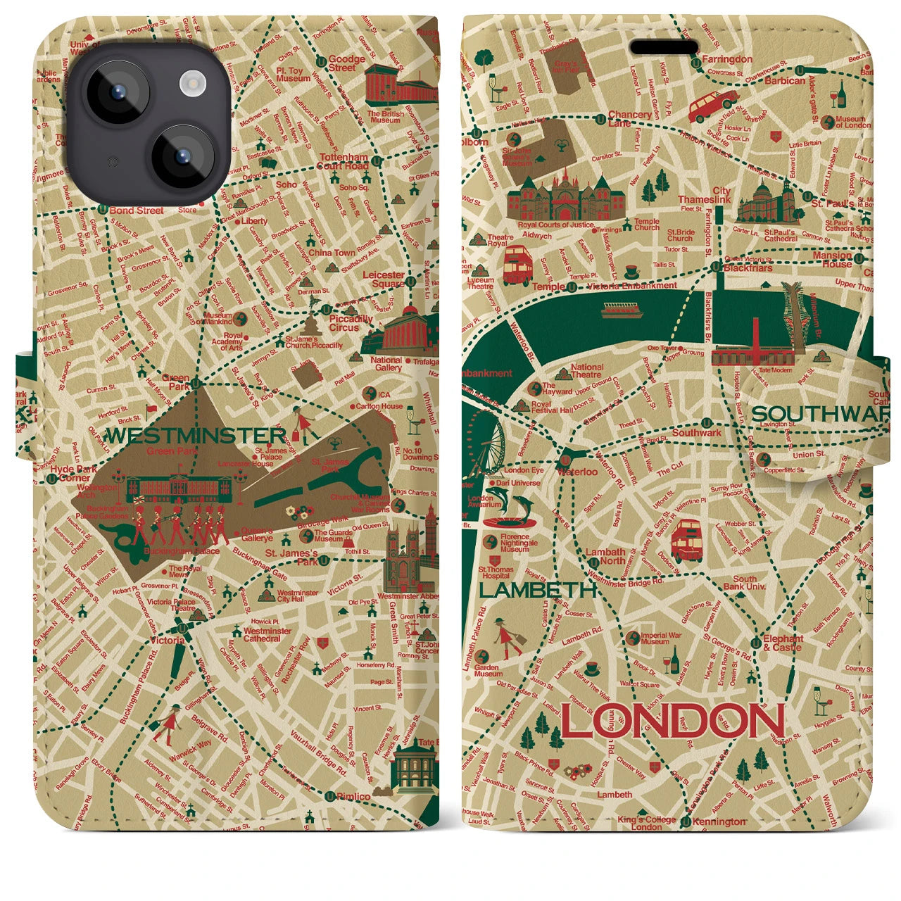 【ロンドン（イラスト）】地図柄iPhoneケース（手帳両面タイプ・ブライト）iPhone 14 Plus 用