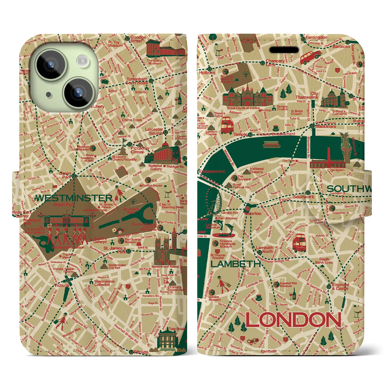 【ロンドン（イラスト）】地図柄iPhoneケース（手帳両面タイプ・ブライト）iPhone 15 用