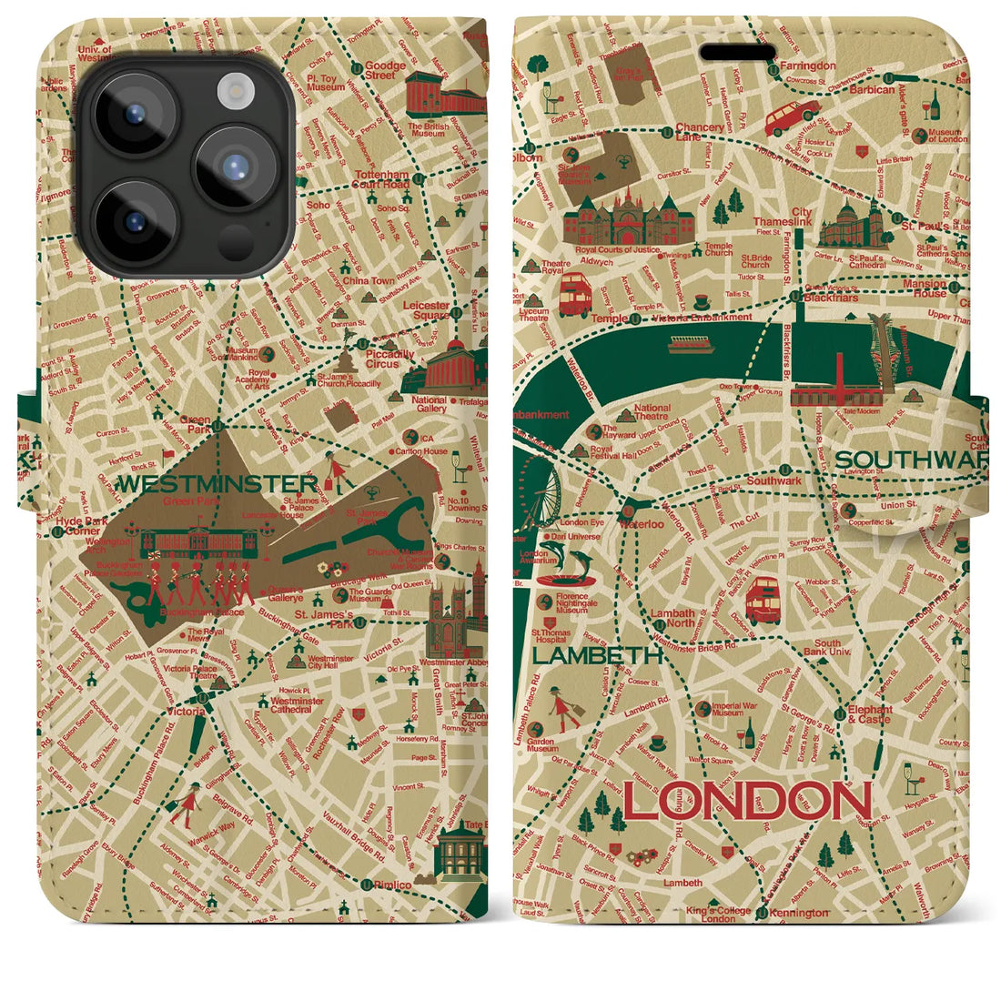 【ロンドン（イラスト）】地図柄iPhoneケース（手帳両面タイプ・ブライト）iPhone 15 Pro Max 用