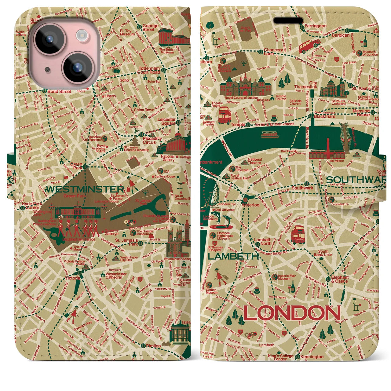 【ロンドン（イラスト）】地図柄iPhoneケース（手帳両面タイプ・ブライト）iPhone 15 Plus 用
