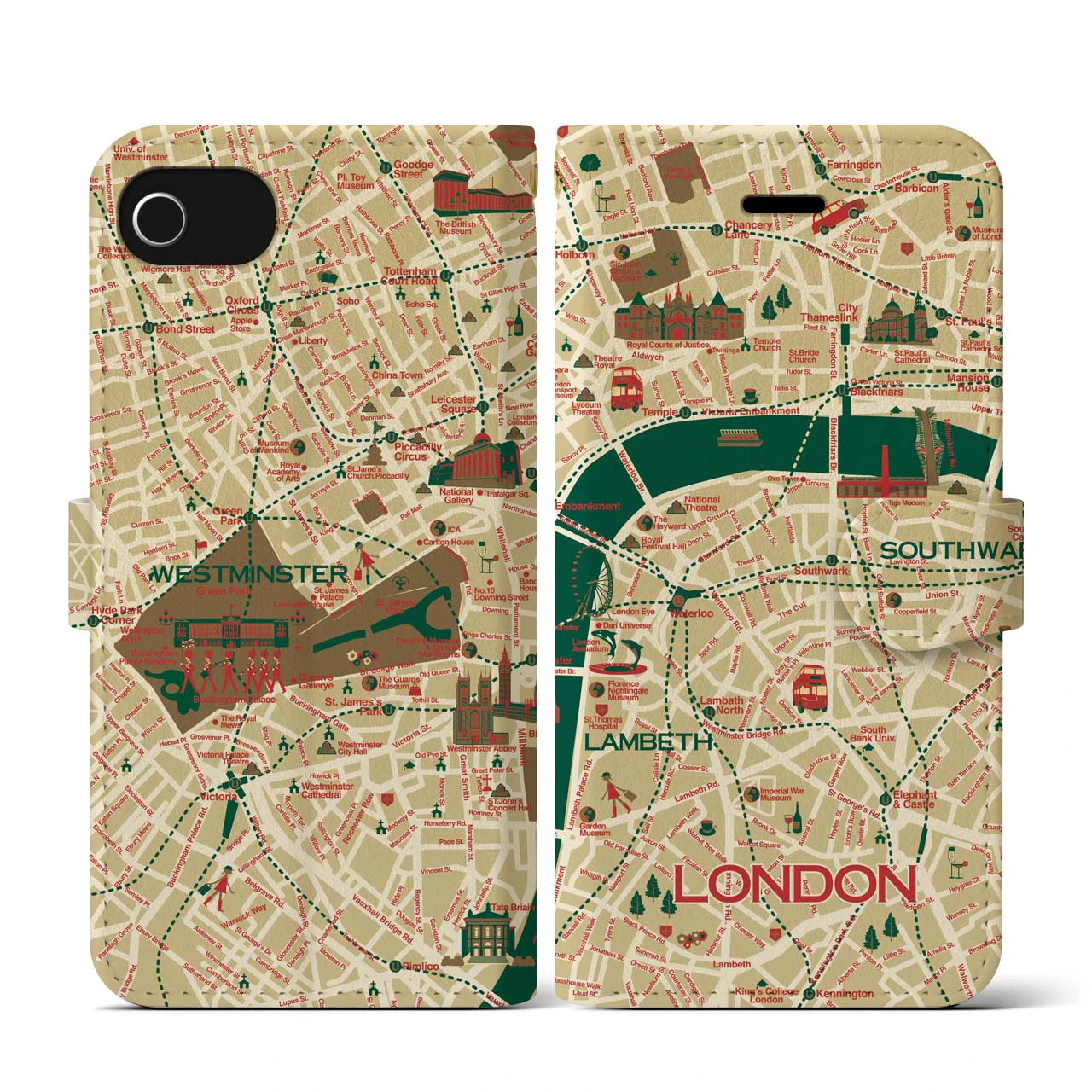 【ロンドン（イラスト）】地図柄iPhoneケース（手帳両面タイプ・ブライト）iPhone SE（第3 / 第2世代） / 8 / 7 / 6s / 6 用
