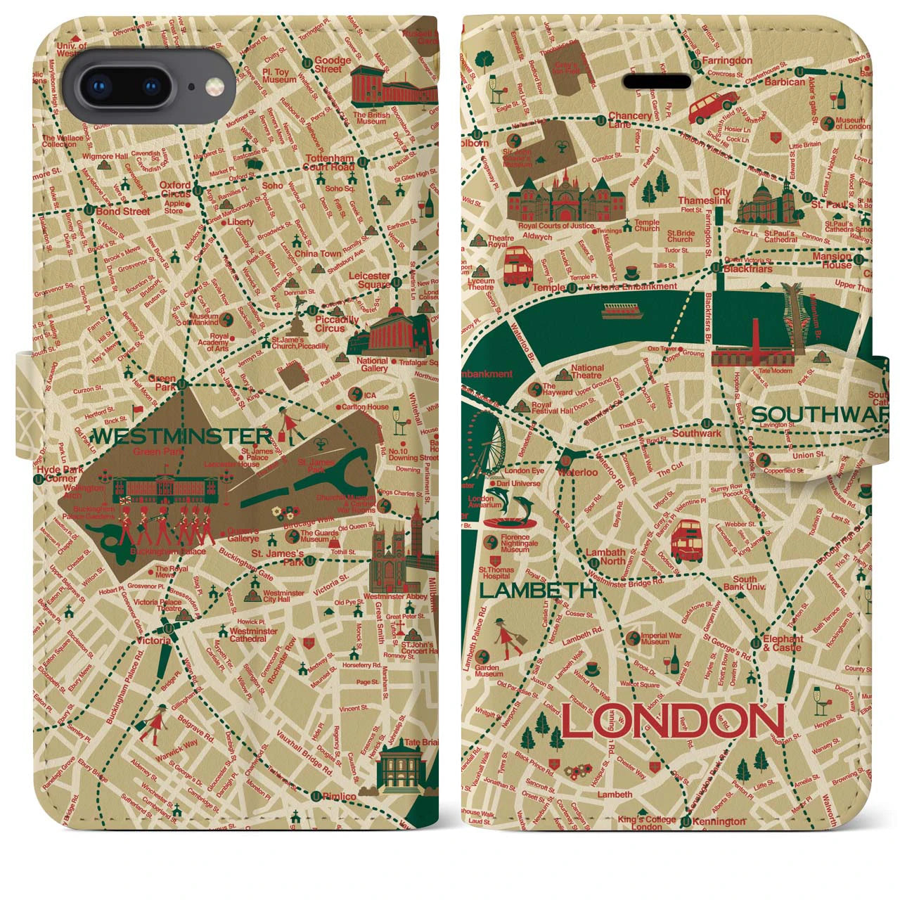 【ロンドン（イラスト）】地図柄iPhoneケース（手帳両面タイプ・ブライト）iPhone 8Plus /7Plus / 6sPlus / 6Plus 用