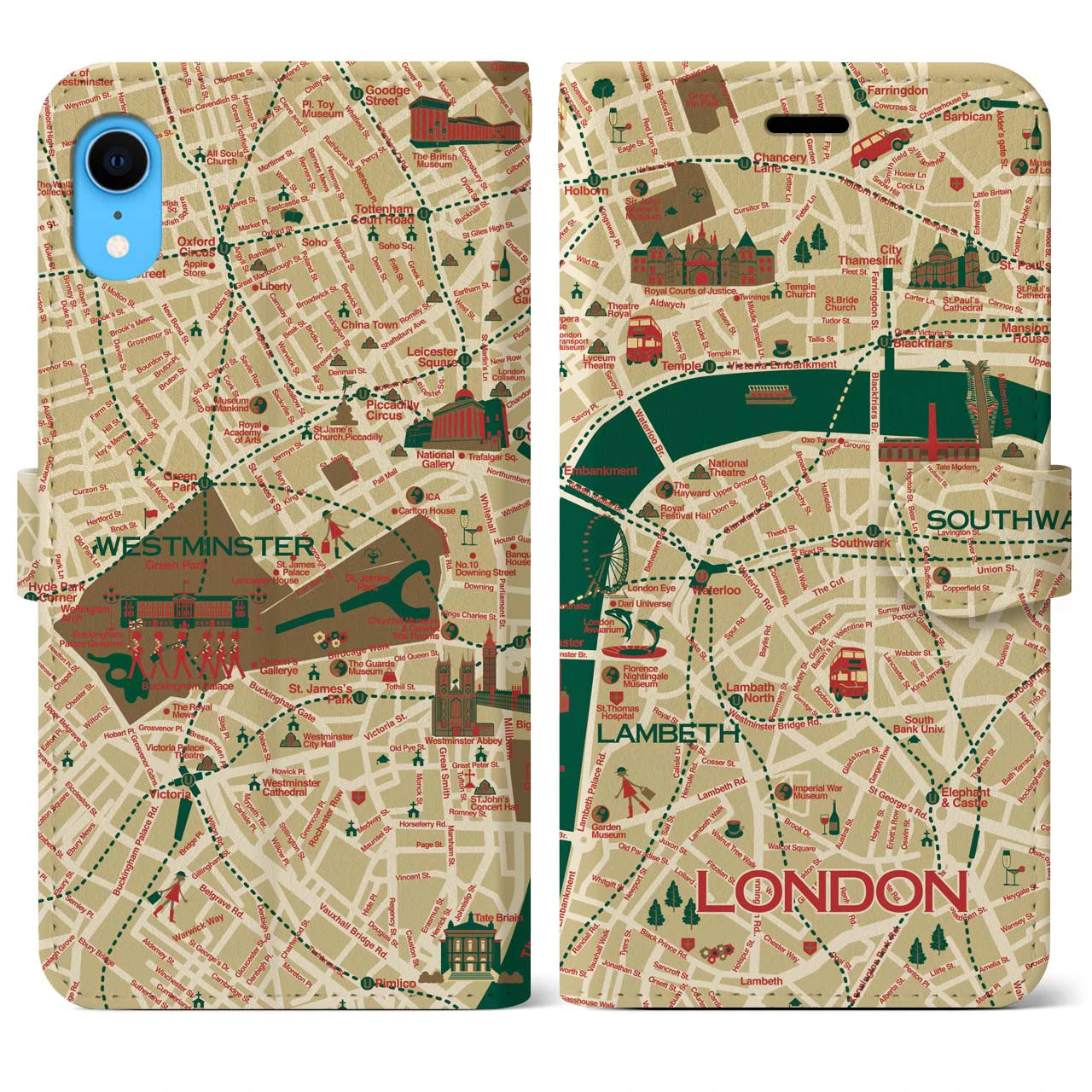 【ロンドン（イラスト）】地図柄iPhoneケース（手帳両面タイプ・ブライト）iPhone XR 用