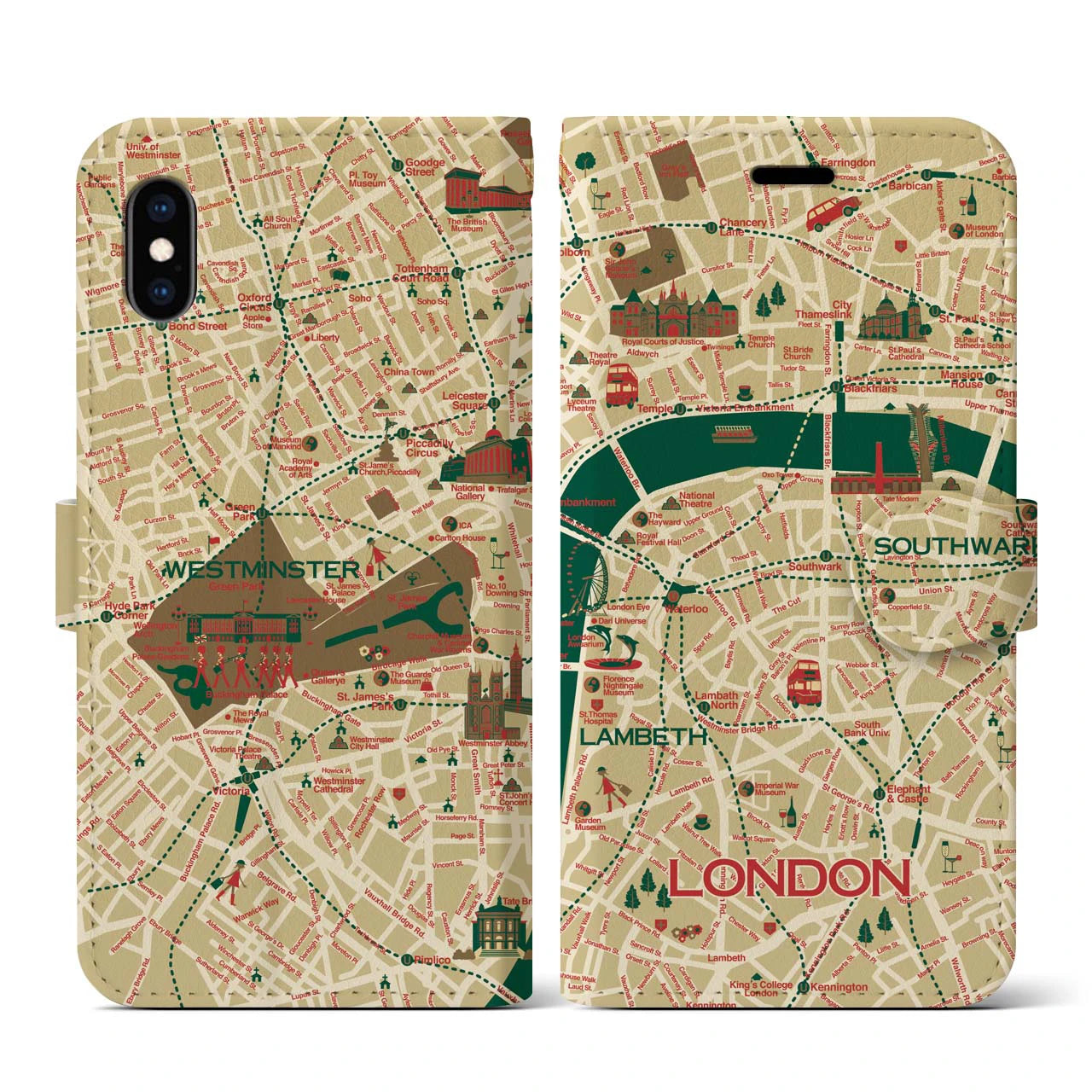 【ロンドン（イラスト）】地図柄iPhoneケース（手帳両面タイプ・ブライト）iPhone XS / X 用