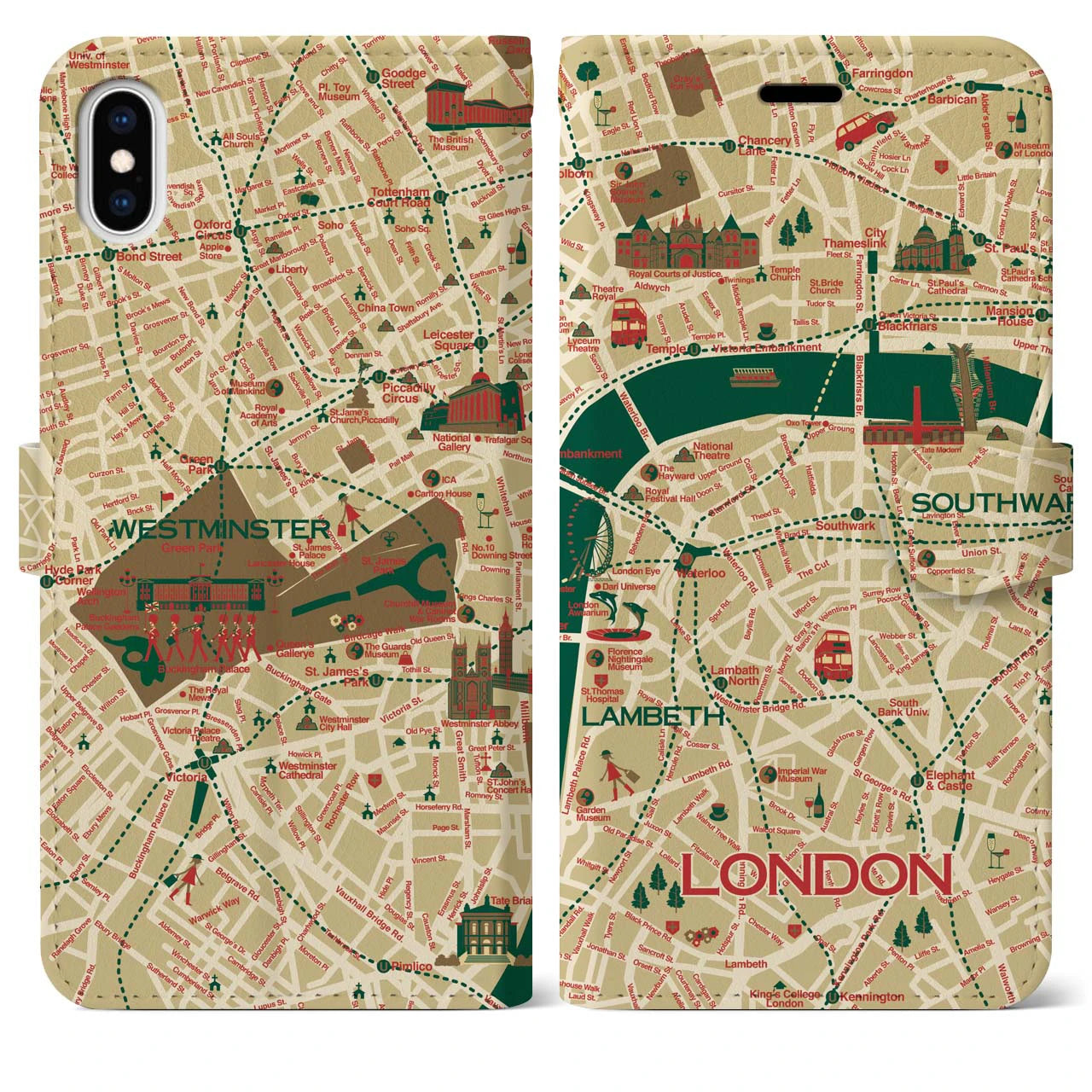 【ロンドン（イラスト）】地図柄iPhoneケース（手帳両面タイプ・ブライト）iPhone XS Max 用