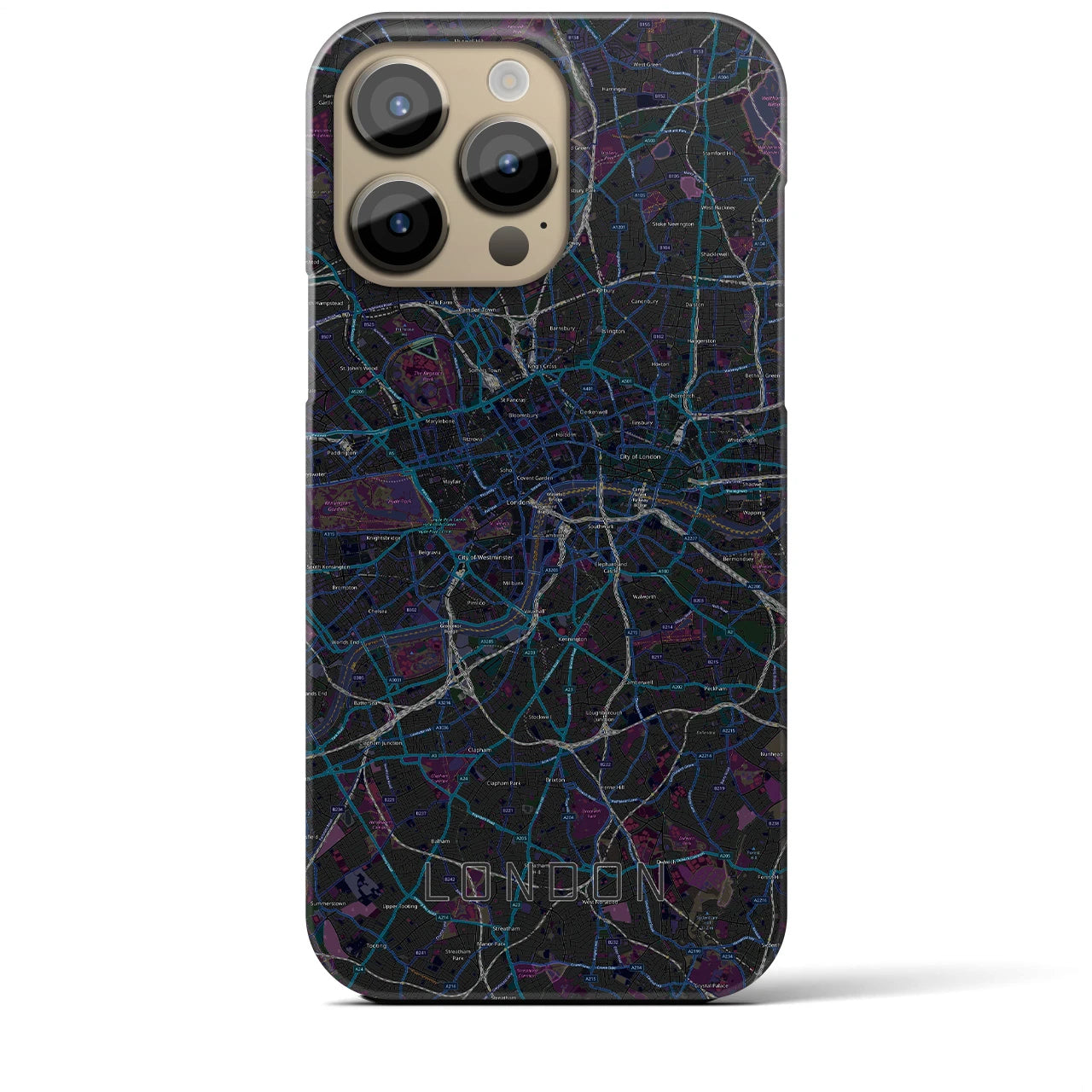 【ロンドン】地図柄iPhoneケース（バックカバータイプ・ブラック）iPhone 14 Pro Max 用