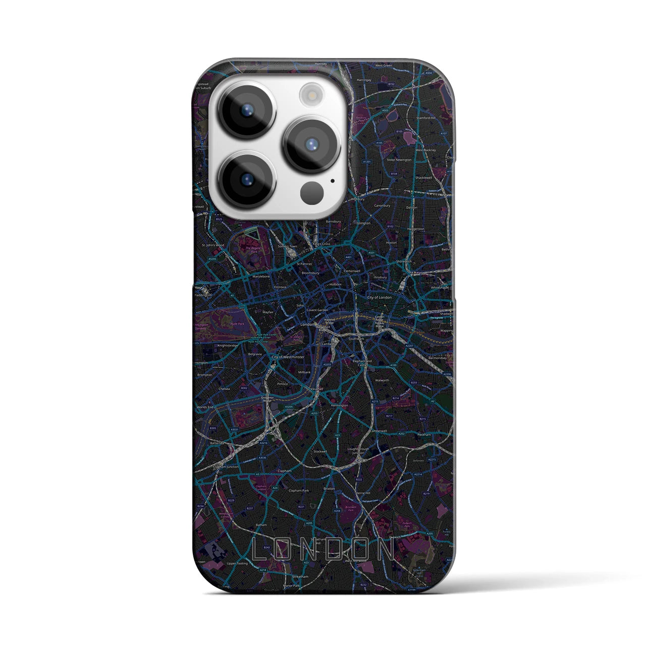 【ロンドン】地図柄iPhoneケース（バックカバータイプ・ブラック）iPhone 14 Pro 用