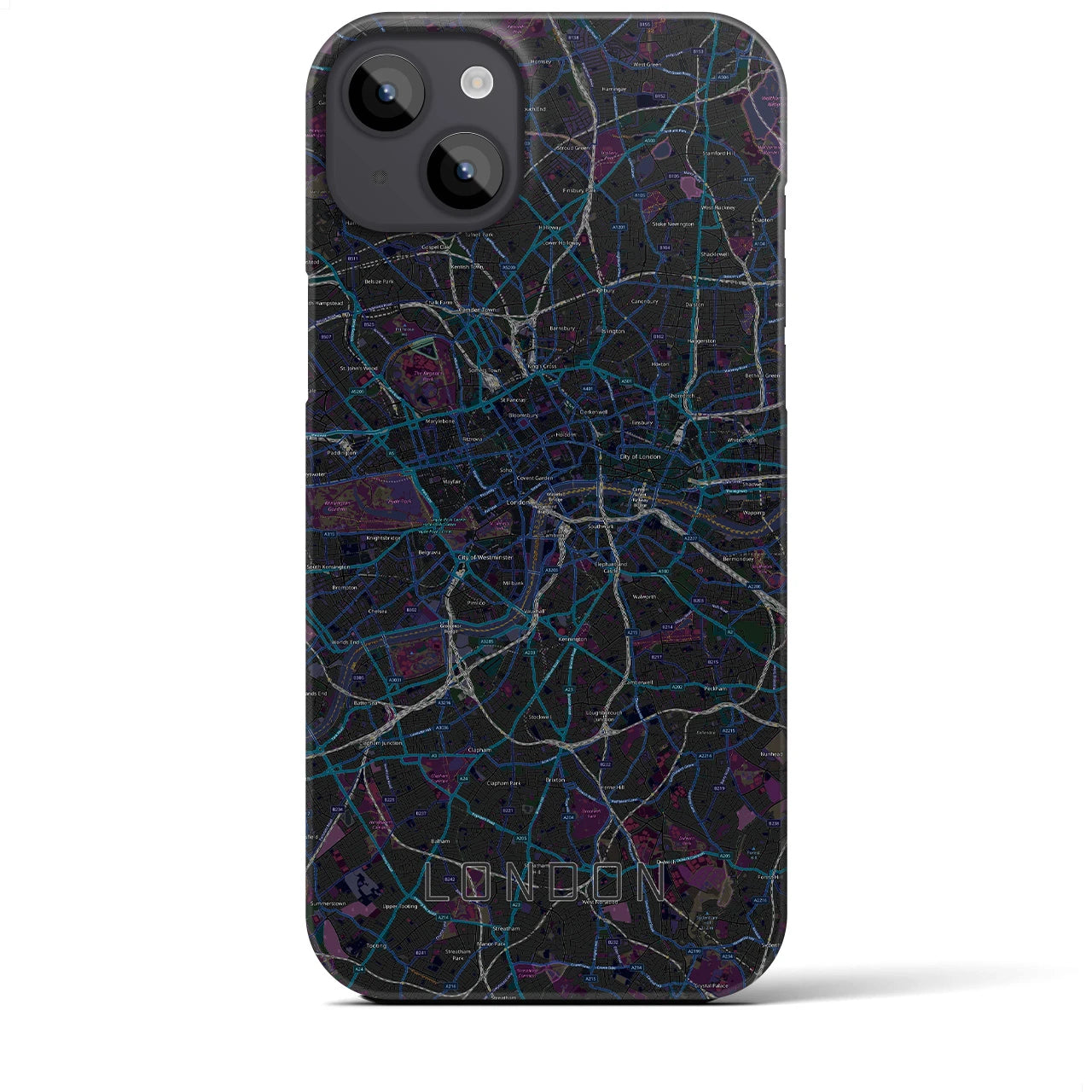 【ロンドン】地図柄iPhoneケース（バックカバータイプ・ブラック）iPhone 14 Plus 用