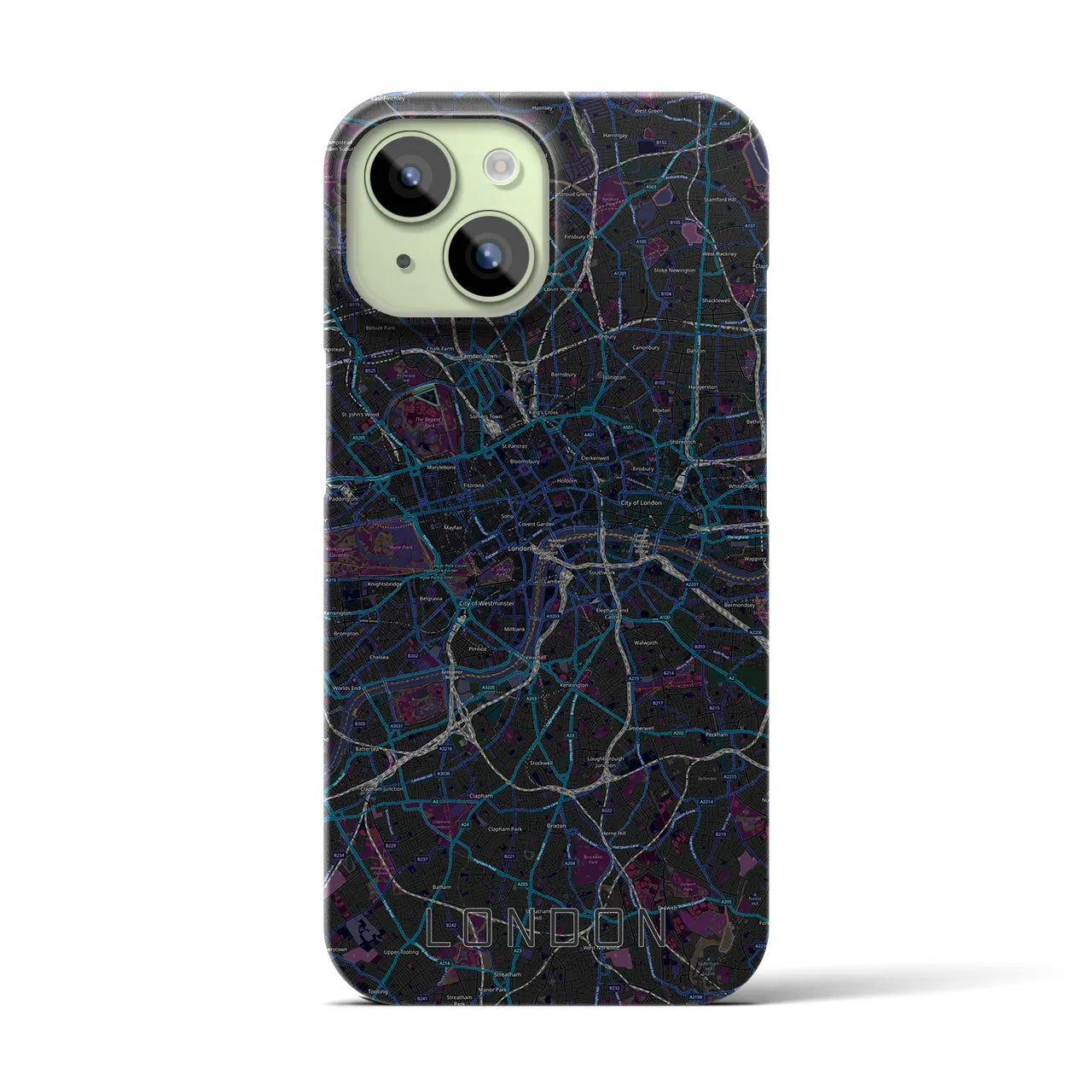 【ロンドン】地図柄iPhoneケース（バックカバータイプ・ブラック）iPhone 15 用