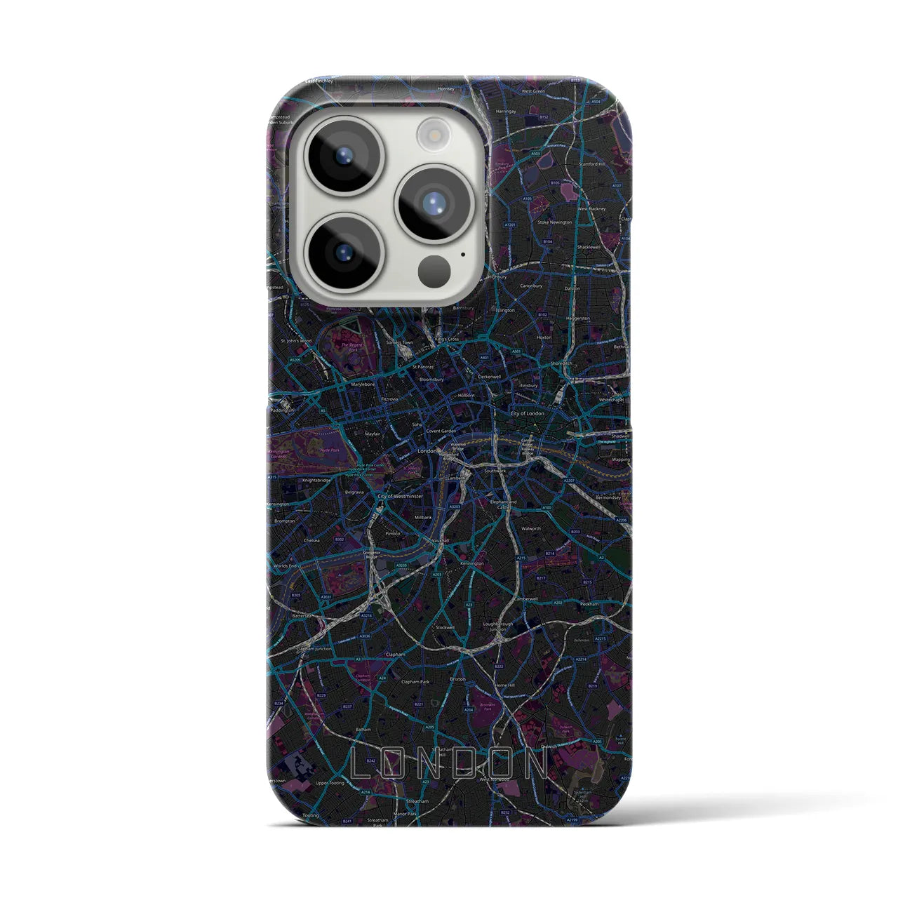 【ロンドン】地図柄iPhoneケース（バックカバータイプ・ブラック）iPhone 15 Pro 用
